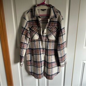 CHARLIE B Cream Mauve Brown Plaid Teddy Long Jacket